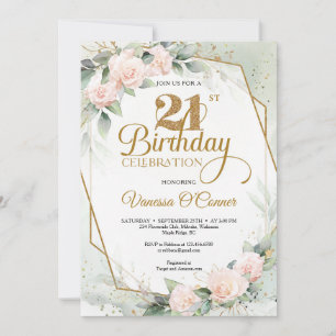 Invitation Cadre doré bleu rose fleuri eucalyptus vert