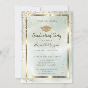 Invitation Cadre doré Casquette de graduation Aquarelle Fond