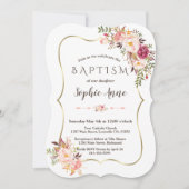 Invitation Cadre doré charmant Fleurs rose pâle Baptême (Devant)