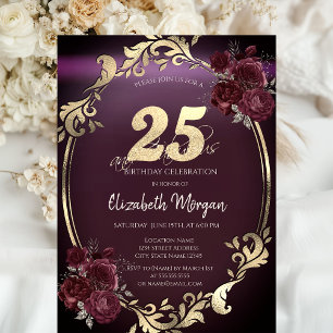 Invitation Cadre doré chic Roses bordeaux 25e anniversaire
