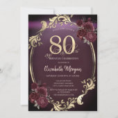 Invitation Cadre doré chic Roses bordeaux 80 ans (Devant)