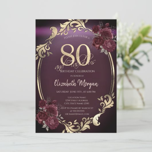 Invitation Cadre doré chic Roses bordeaux 80 ans (Debout devant)