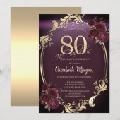 Invitation Cadre doré chic Roses bordeaux 80 ans (Devant / Derrière)