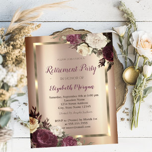 Invitation Cadre doré chic Roses bordeaux Retraite