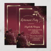 Invitation Cadre doré chic roses rouge foncé pour retraite (Devant / Derrière)