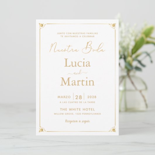 Invitation Cadre doré crème espagnol Notre Mariage (Debout devant)