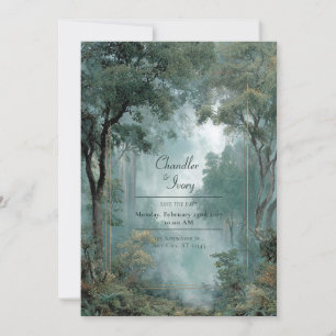Invitation Cadre doré de forêt profonde éthérée Brumeuse cont