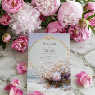 Invitation Cadre doré de luxe Fleurs de plage pastel Soleil M