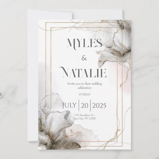 Invitation Cadre doré de luxe Fleurs grises Mariage éthéré (Devant)