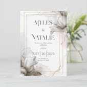 Invitation Cadre doré de luxe Fleurs grises Mariage éthéré (Debout devant)