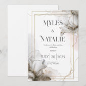 Invitation Cadre doré de luxe Fleurs grises Mariage éthéré (Devant / Derrière)