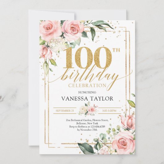 Invitation Cadre doré de verdure florale rose rustique 100ème (Devant)