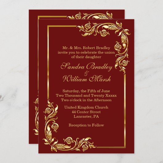 Invitation Cadre doré élégant rouge foncé avec impression or (Devant / Derrière)