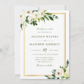 Invitation cadre doré et fleurs de jardin blanc mariage (Devant)