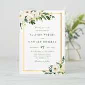 Invitation cadre doré et fleurs de jardin blanc mariage (Debout devant)