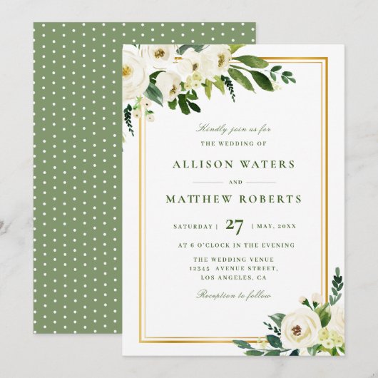 Invitation cadre doré et fleurs de jardin blanc mariage (Devant / Derrière)