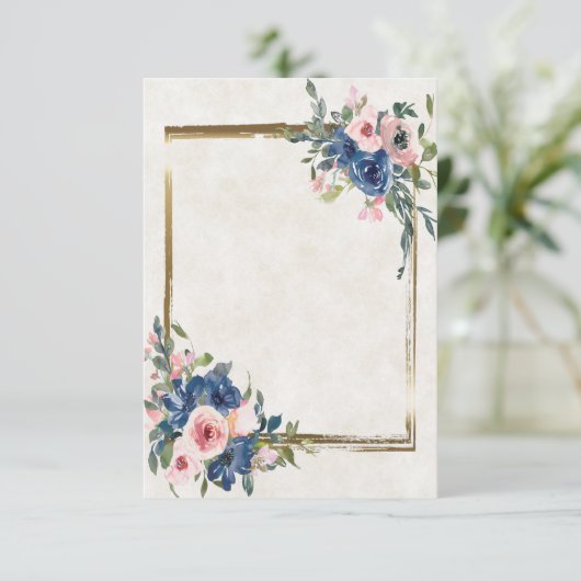 Invitation Cadre doré et floral rose et bleu clair  (Debout devant)