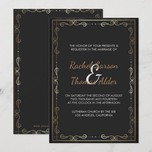 Invitation Cadre doré et volutes de mariage (Devant / Derrière)