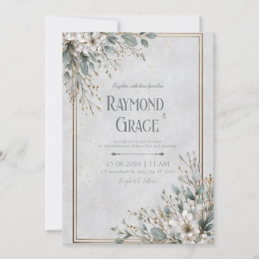 Invitation Cadre doré Eucalyptus Fleurs blanches de mariage (Devant)