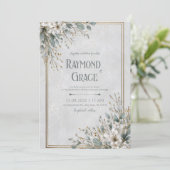 Invitation Cadre doré Eucalyptus Fleurs blanches de mariage (Debout devant)