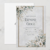 Invitation Cadre doré Eucalyptus Fleurs blanches de mariage (Devant / Derrière)