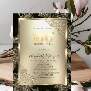 Invitation Cadre doré festif, damassé floral 100e anniversair
