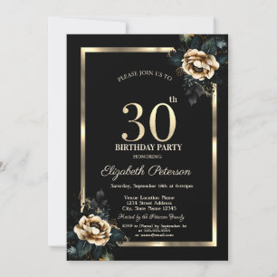 Invitation Cadre Doré Fleur Élégante 30ème Anniversaire