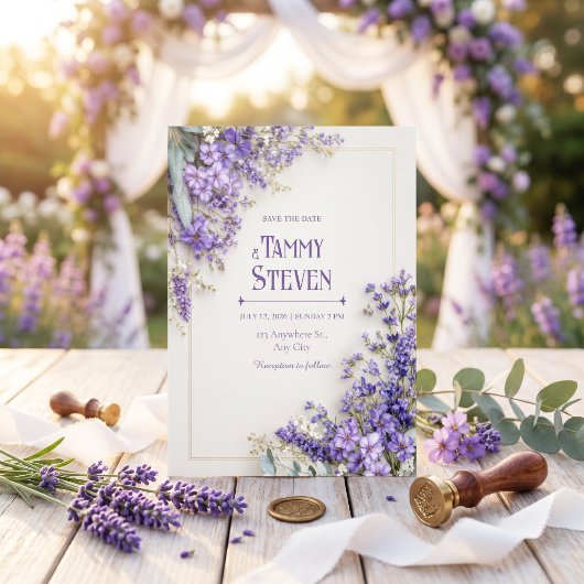 Invitation Cadre doré Fleur sauvage violette Eucalyptus
