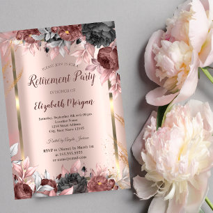 Invitation Cadre doré, Fleurs chic en or rose Retraite