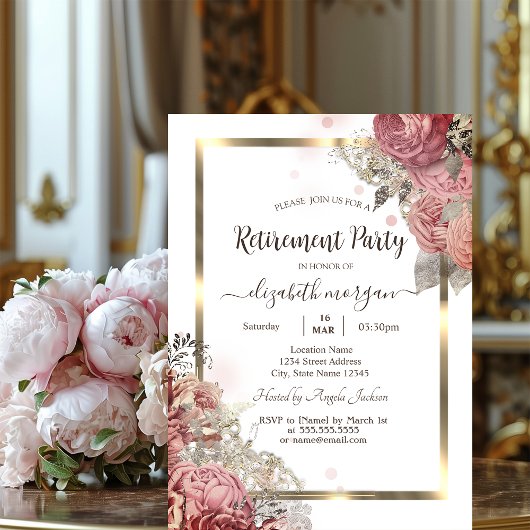 Invitation Cadre doré Fleurs Roses Retraite
