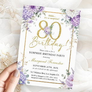 Invitation Cadre doré Fleurs Violet Poussiéreux 80e Anniversa