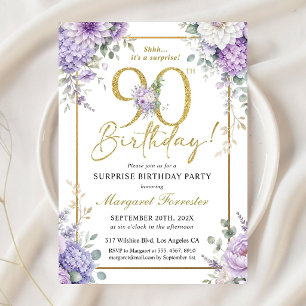 Invitation Cadre doré Fleurs Violet Poussiéreux 90e Anniversa