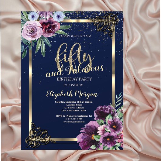 Invitation Cadre doré Fleurs violettes Bleu 50e Anniversaire 