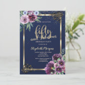 Invitation Cadre doré Fleurs violettes Bleu 50e Anniversaire  (Debout devant)