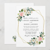 Invitation Cadre doré floral aquarelle rose élégant (Devant / Derrière)