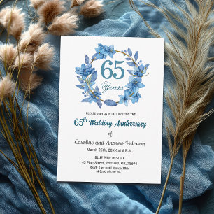 Invitation Cadre doré floral bleu pour 65e anniversaire de ma