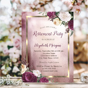 Invitation Cadre doré floral élégant Bourgogne pour la retrai