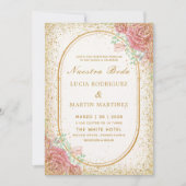 Invitation Cadre doré floral élégant Paillettes Nuestra Boda (Devant)