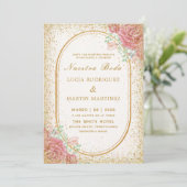 Invitation Cadre doré floral élégant Paillettes Nuestra Boda (Debout devant)