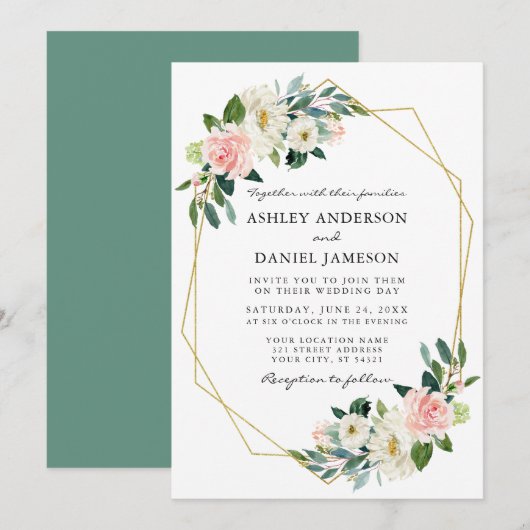 Invitation Cadre doré floral rose blush aquarelle (Devant / Derrière)