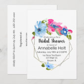 Invitation Cadre doré floral rose chaux bleu clair aquarelle (Devant / Derrière)