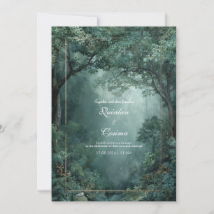 Invitation Cadre doré Forêt émeraude Brumeuse