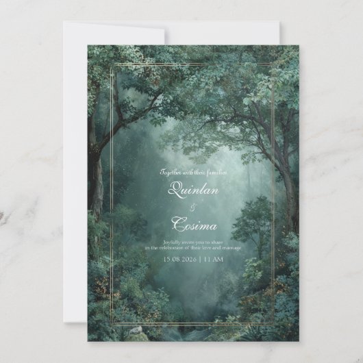 Invitation Cadre doré Forêt émeraude Brumeuse (Devant)