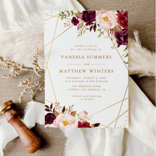 Invitation Cadre doré géométrique mariage floral bordeaux