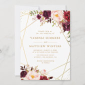 Invitation Cadre doré géométrique mariage floral bordeaux (Devant)