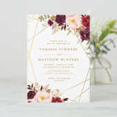 Invitation Cadre doré géométrique mariage floral bordeaux (Debout devant)