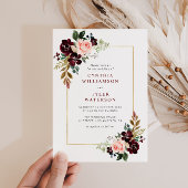 Invitation cadre doré mariage floral bordeaux