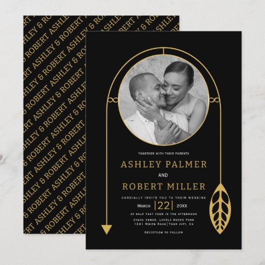 Invitation Cadre doré moderne avec feuille et mariage photo (Devant / Derrière)