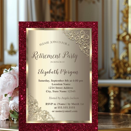 Invitation Cadre doré,Or,Retraite Paillettes Rouges