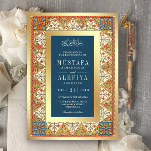 Invitation Cadre Doré Persan Vintage Mariage Musulman Bleu